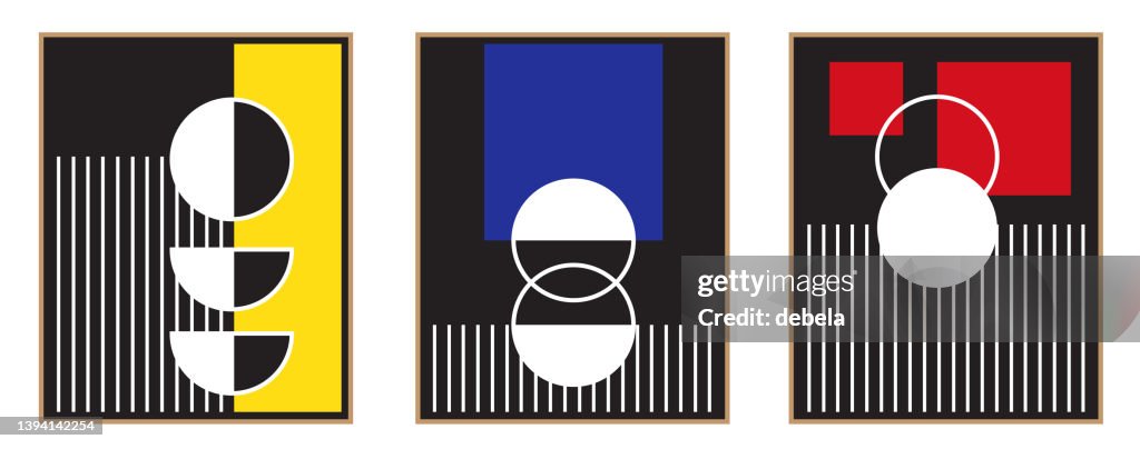 Mid century modern geometric posters set. Bauhaus style, colorful design.