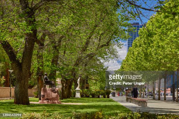 tree lined pedestrian footpath with statues in the city of adelaide, south australia, australia - shopping mall adelaide stock pictures, royalty-free photos & images