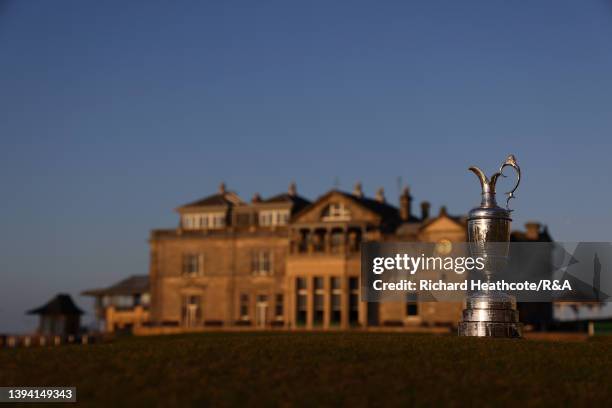 The Claret Jug sits on the 18th fairway of The Old Course at St Andrews on April 27, 2022 in St Andrews, Scotland. The 150th Open Championship will...