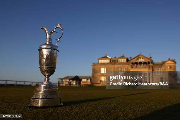 The Claret Jug sits on the first tee of The Old Course in front of the R&A Clubhouse at St Andrews on April 27, 2022 in St Andrews, Scotland. The...