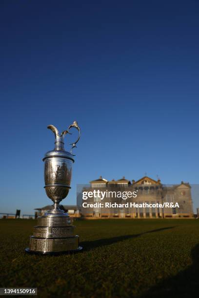 The Claret Jug sits on the first tee of The Old Course in front of the R&A Clubhouse at St Andrews on April 27, 2022 in St Andrews, Scotland. The...