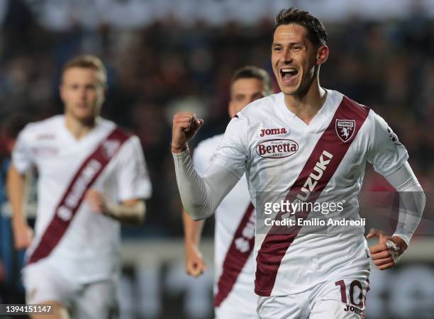 Sasa Lukic of Torino FC celebrates after scoring their team's third goal during the Serie A match between Atalanta BC and Torino FC at Gewiss Stadium...