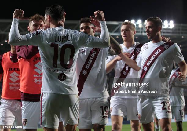 Sasa Lukic of Torino FC celebrates with their teammates after scoring their team's third goal during the Serie A match between Atalanta BC and Torino...
