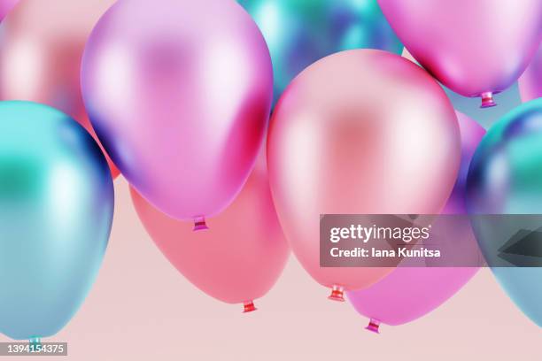 shiny pink and blue balloons. beautiful 3d greeting banner. - birthday balloons photos et images de collection