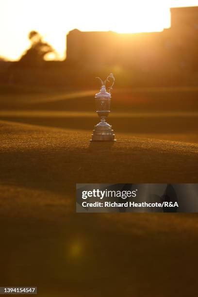 The Claret Jug sits on the 18th fairway of The Old Course at St Andrews on April 27, 2022 in St Andrews, Scotland. The 150th Open Championship will...