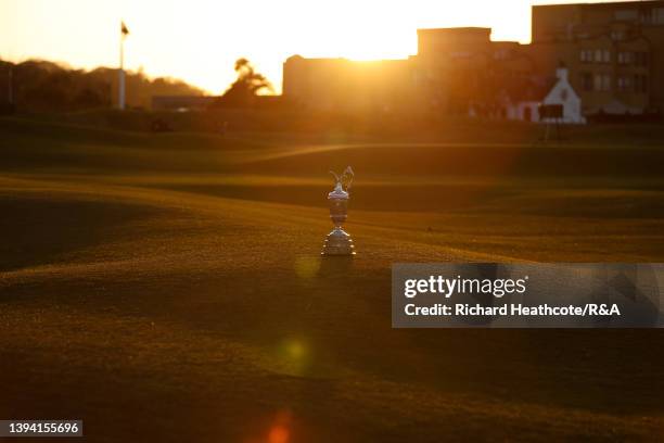 The Claret Jug sits on the 18th fairway of The Old Course at St Andrews on April 27, 2022 in St Andrews, Scotland. The 150th Open Championship will...
