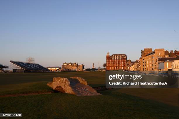 View up the 18th and first holes with The Swilcan Bridge on The Old Course at St Andrews on April 27, 2022 in St Andrews, Scotland. The 150th Open...