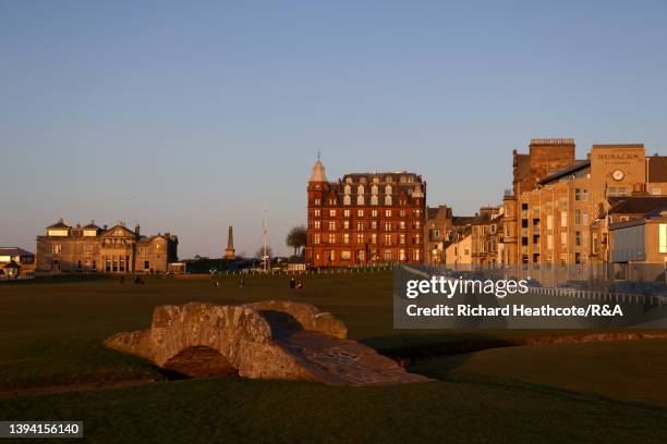 View up the 18th and first holes with The Swilcan Bridge on The Old Course at St Andrews on April 27, 2022 in St Andrews, Scotland. The 150th Open...