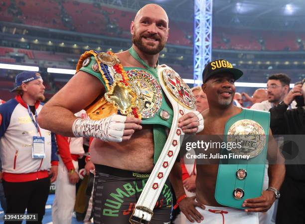 Tyson Fury celebrates victory after the WBC World Heavyweight Title Fight between Tyson Fury and Dillian Whyte at Wembley Stadium on April 23, 2022...