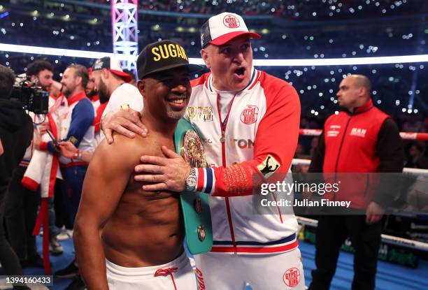 SugarHill Steward talks with Tyson Fury's dad John Fury following the WBC World Heavyweight Title Fight between Tyson Fury and Dillian Whyte at...