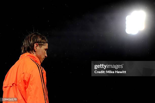 Striker Fernando Torres looks on during the Chelsea training session ahead of the UEFA Champions League round of sixteen, first leg match between...