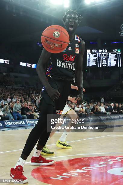 Jo Lual-Acuil Jr of United reacts after slam dunking during game one of the NBL Semi Finals series between Melbourne United and Tasmania JackJumpers...