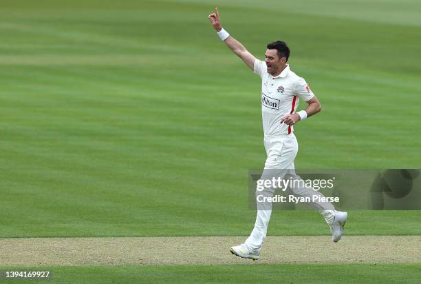 James Anderson of Lancashire celebrates after taking the wicket of Ian Holland of Hampshire during the LV= Insurance County Championship match...