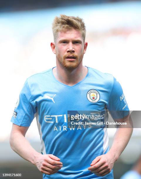 Kevin De Bruyne of Manchester City looks on during the Premier League match between Manchester City and Watford at Etihad Stadium on April 23, 2022...