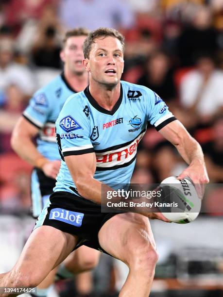 Matt Moylan of the Sharks passes during the round eight NRL match between the Brisbane Broncos and the Cronulla Sharks at Suncorp Stadium, on April...