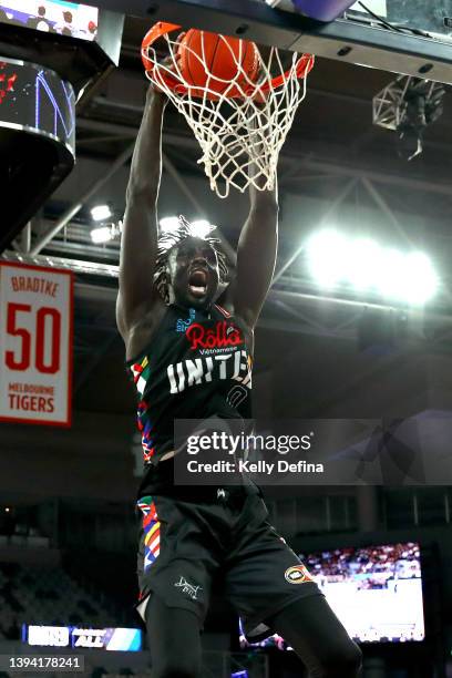 Jo Lual-Acuil of United dunks during game one of the NBL Semi Finals series between Melbourne United and Tasmania JackJumpers at John Cain Arena on...
