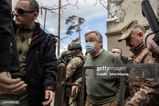 United Nations Secretary-General Antonio Guterres visits the war damaged Irpinsky Lipky residential complex on April 28, 2022 in Irpin, Ukraine....