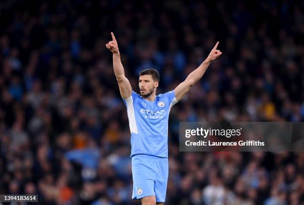 Ruben Dias of Manchester City looks on during the UEFA Champions League Semi Final Leg One match between Manchester City and Real Madrid at City of...
