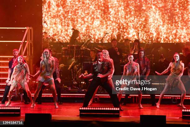 Cast members on stage during the Strictly Come Dancing: The Professionals UK Tour dress rehearsal at The Lowry on April 28, 2022 in Manchester,...