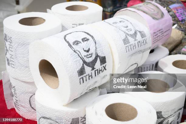 Satirical toilet paper featuring the face of Russian President Vladimir Putin is seen on April 28, 2022 in Lviv, Ukraine. Lviv has served as a...