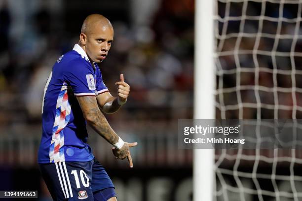 Marcos Junior of Yokohama F. Marinos celebrates after scoring his team's first goal off a penalty during the first half of the AFC Champions League...