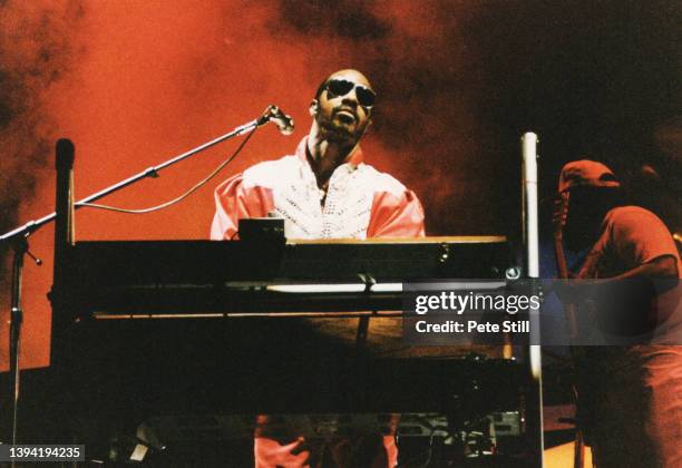 American musician and singer Stevie Wonder performs on stage in concert at Earls Court on June 30th, 1984 in London, England.