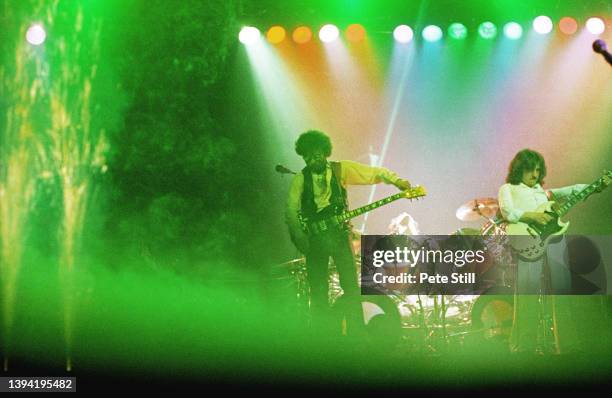 Eric Bloom, drummer Albert Bouchard and Buck Dharma of American rock band Blue Oyster Cult perform on stage at Hammersmith Odeon on May 4th, 1978 in...