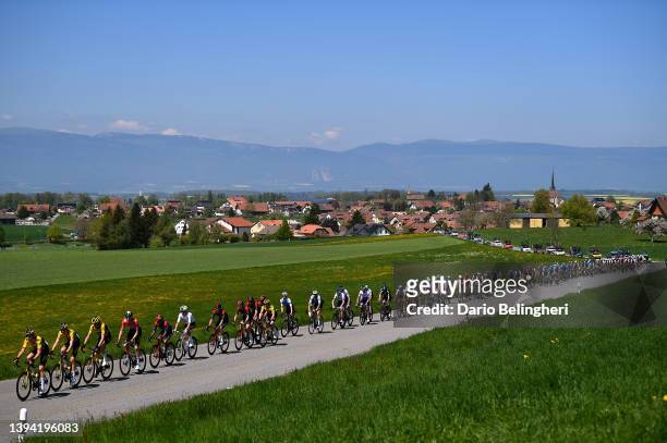 General view of the peloton passing through Froideville village landscape during the 75th Tour De Romandie 2022, Stage 2 a 168,2km stage from...