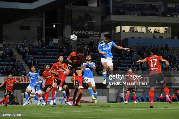 Yuki Otsu of Jubilo Iwata scores the first goal during the J.LEAGUE Meiji Yasuda J1 10th Sec. Match between Jubilo Iwata and Nagoya Grampus at Yamaha...