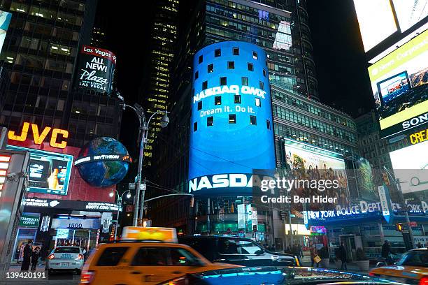 General view of the facade of NASDAQ MarketSite at the bottom of the Conde Nast Building in Times Square on February 9, 2012 in New York City.