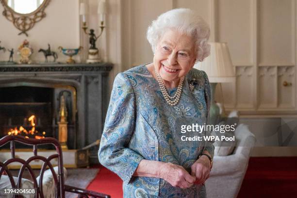 Queen Elizabeth II attends an audience with the President of Switzerland Ignazio Cassis at Windsor Castle on April 28, 2022 in Windsor, England.