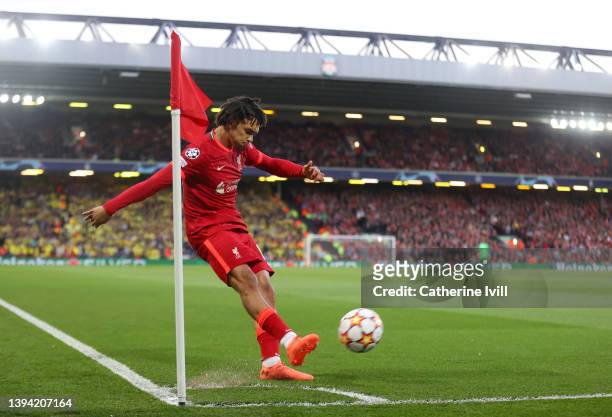 Trent Alexander-Arnold of Liverpool takes a corner kick during the UEFA Champions League Semi Final Leg One match between Liverpool and Villarreal at...