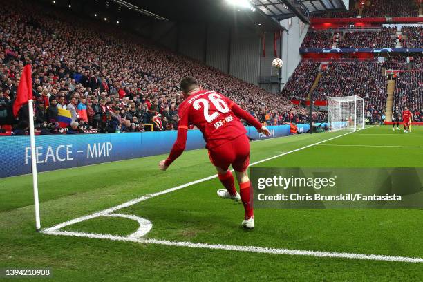 Andy Robertson of Liverpool takes a corner kick during the UEFA Champions League Semi Final Leg One match between Liverpool and Villarreal at Anfield...