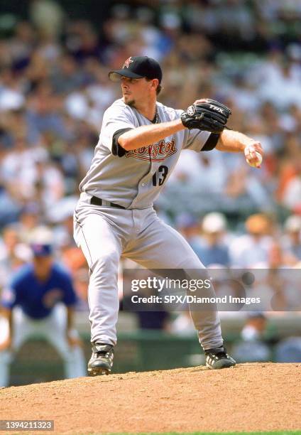 Billy Wagner of the Houston Astros throws a pitch during a game from his 2002 season against the Chicago Cubs at Wrigley Field in Chicago, Illinois....