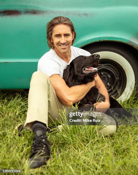 Actor Lee Pace is photographed with dog Gus for L'Officiel Australia on August 17, 2021 at Red Wagon Farm in Manalapan, New Jersey. PUBLISHED IMAGE.