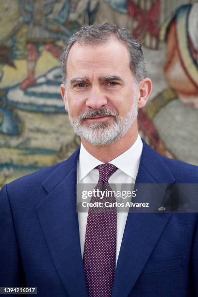 King Felipe VI of Spain receives President of Bulgaria Rumen Radev at the Zarzuela Palace on April 28, 2022 in Madrid, Spain.