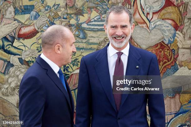 King Felipe VI of Spain receives President of Bulgaria Rumen Radev at the Zarzuela Palace on April 28, 2022 in Madrid, Spain.