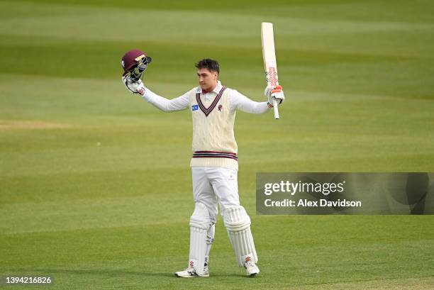 Matt Renshaw of Somerset celebrates reaching his century during Day One of the LV= Insurance County Championship match between Somerset and...