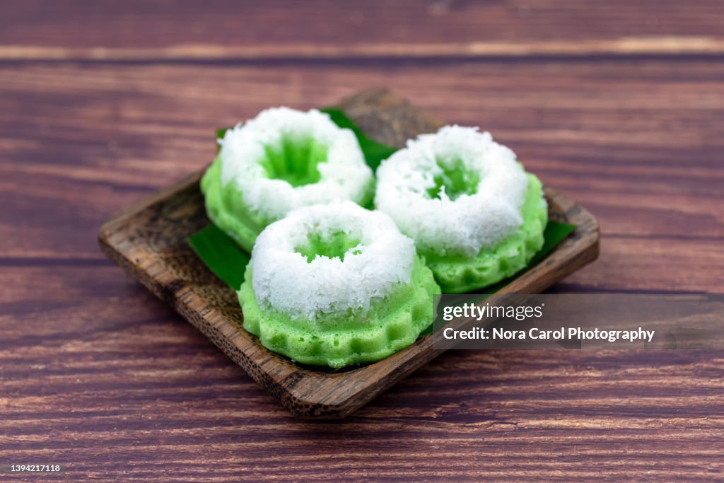 Malaysian Traditional Dessert Kuih Puteri Ayu Steamed Pandan Coconut Cake