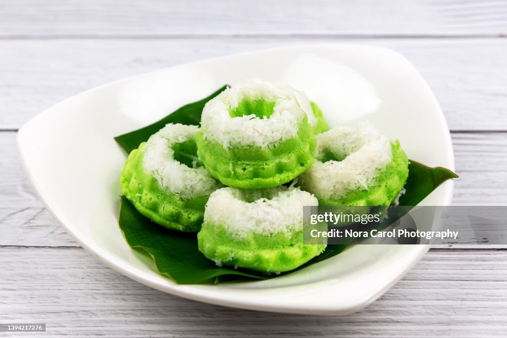 Malaysian Traditional Dessert Kuih Puteri Ayu Steamed Pandan Coconut Cake