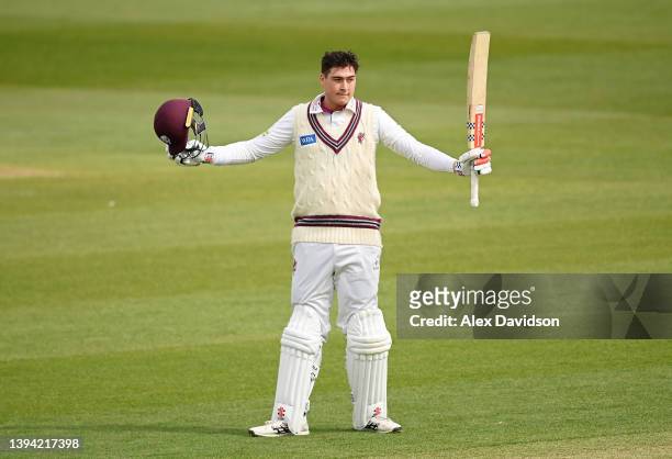 Matt Renshaw of Somerset celebrates reaching his century during Day One of the LV= Insurance County Championship match between Somerset and...