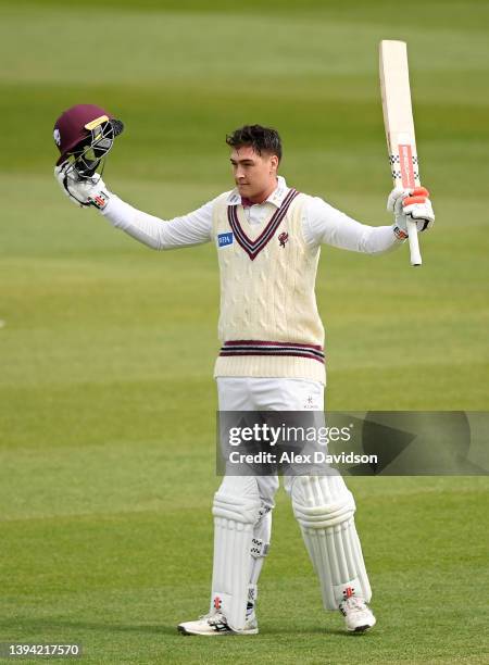 Matt Renshaw of Somerset celebrates reaching his century during Day One of the LV= Insurance County Championship match between Somerset and...