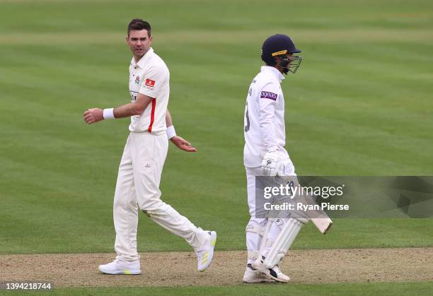 James Anderson of Lancashire reacts after dismissing Felix Organ of Hampshire during the LV= Insurance County Championship match between Hampshire...