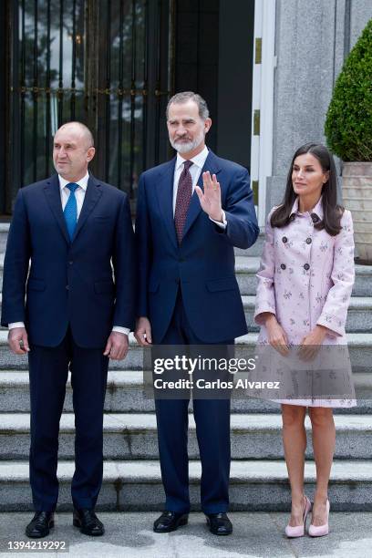 King Felipe VI of Spain and Queen Letizia of Spain receive President of Bulgaria Rumen Radev for a lunch at the Zarzuela Palace on April 28, 2022 in...