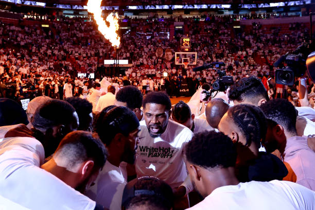 Udonis Haslem of the Miami Heat huddles with the team prior to Game Five of the Eastern Conference First Round against the Atlanta Hawks at FTX Arena...