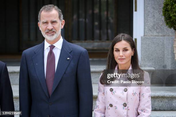 King Felipe VI of Spain and Queen Letizia of Spain receive the President of Bulgaria and wife at the Zarzuela Palace on April 28, 2022 in Madrid,...