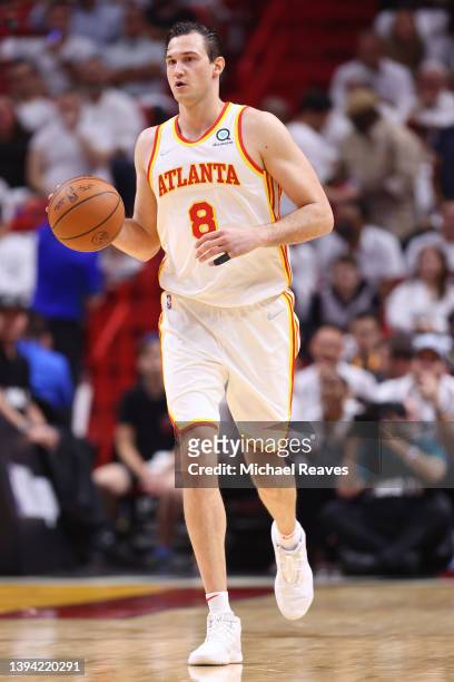 Danilo Gallinari of the Atlanta Hawks dribbles against the Miami Heat in Game Five of the Eastern Conference First Round at FTX Arena on April 26,...
