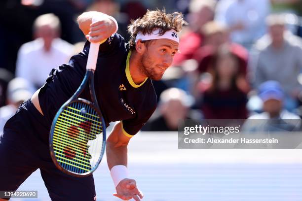 Casper Ruud of Norway serves the ball during his 2nd round match against Alex Molcan of Slovakia on day six of the BMW Open by American Express at...