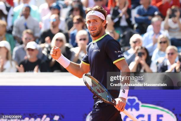 Casper Ruud of Norway celebrates victory after winning his 2nd round match against Alex Molcan of Slovakia on day six of the BMW Open by American...
