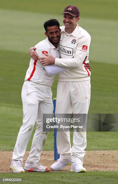 Hassan Ali and James Anderson of Lancashire celebrates after Ali claimed the wicket of the wicket of Keith Barker of Hampshireduring the LV=...